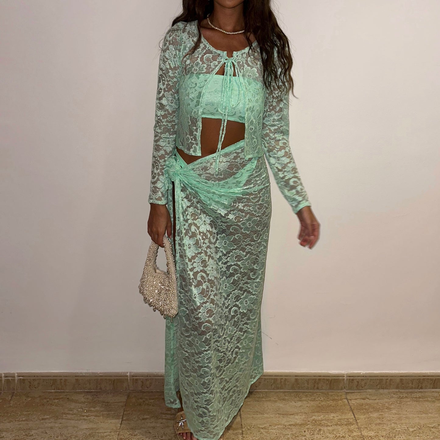 Mint Lace Front Tie Cardigan