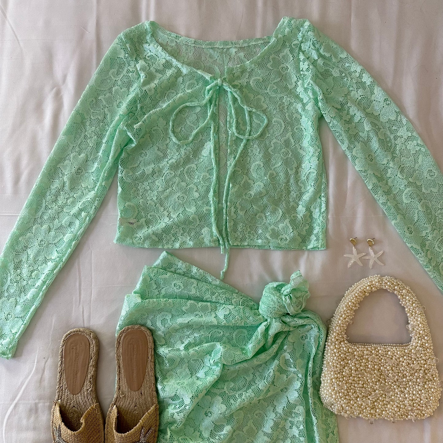 Mint Lace Front Tie Cardigan