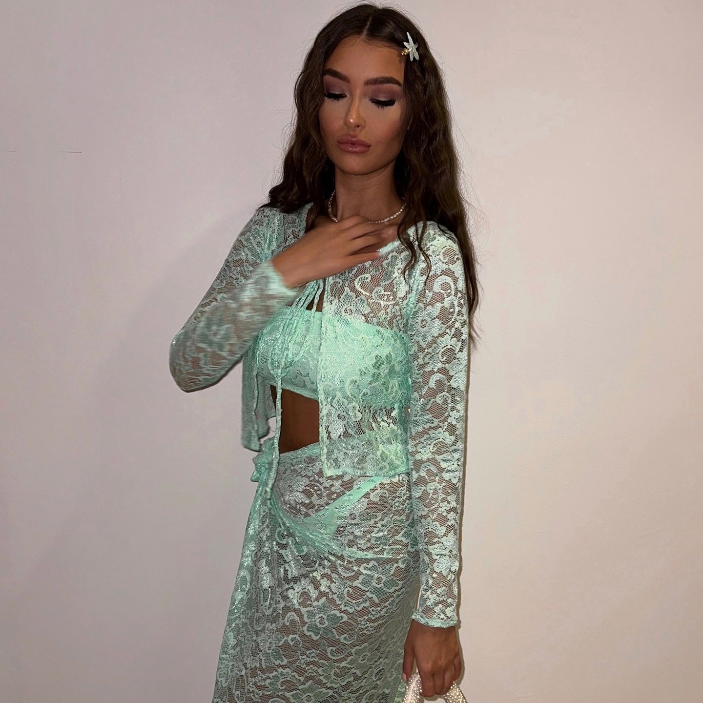 Mint Lace Front Tie Cardigan