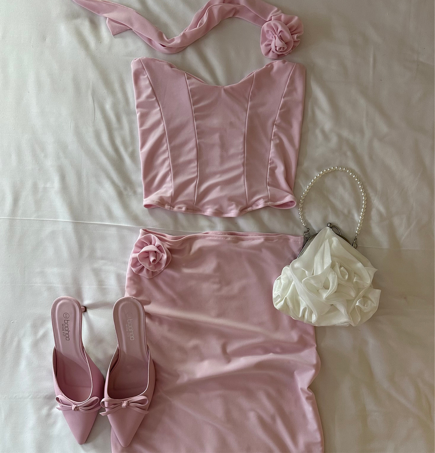 Baby Pink Rose Choker & Maxi Skirt Three Piece Set