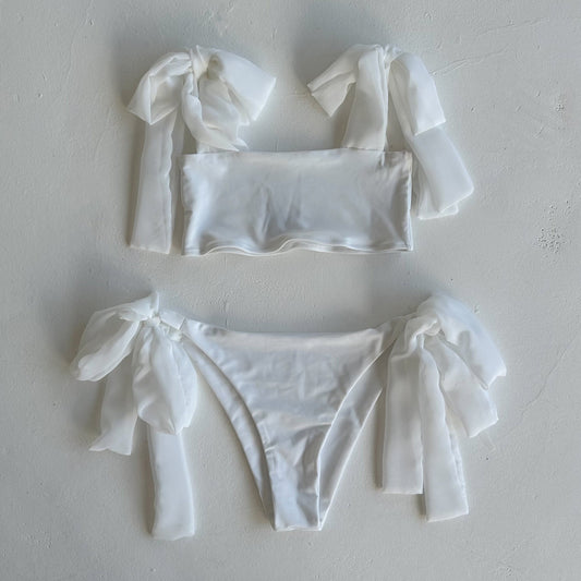 (Premade) White Chiffon Extra Thick Tie Bikini Set - Size 8