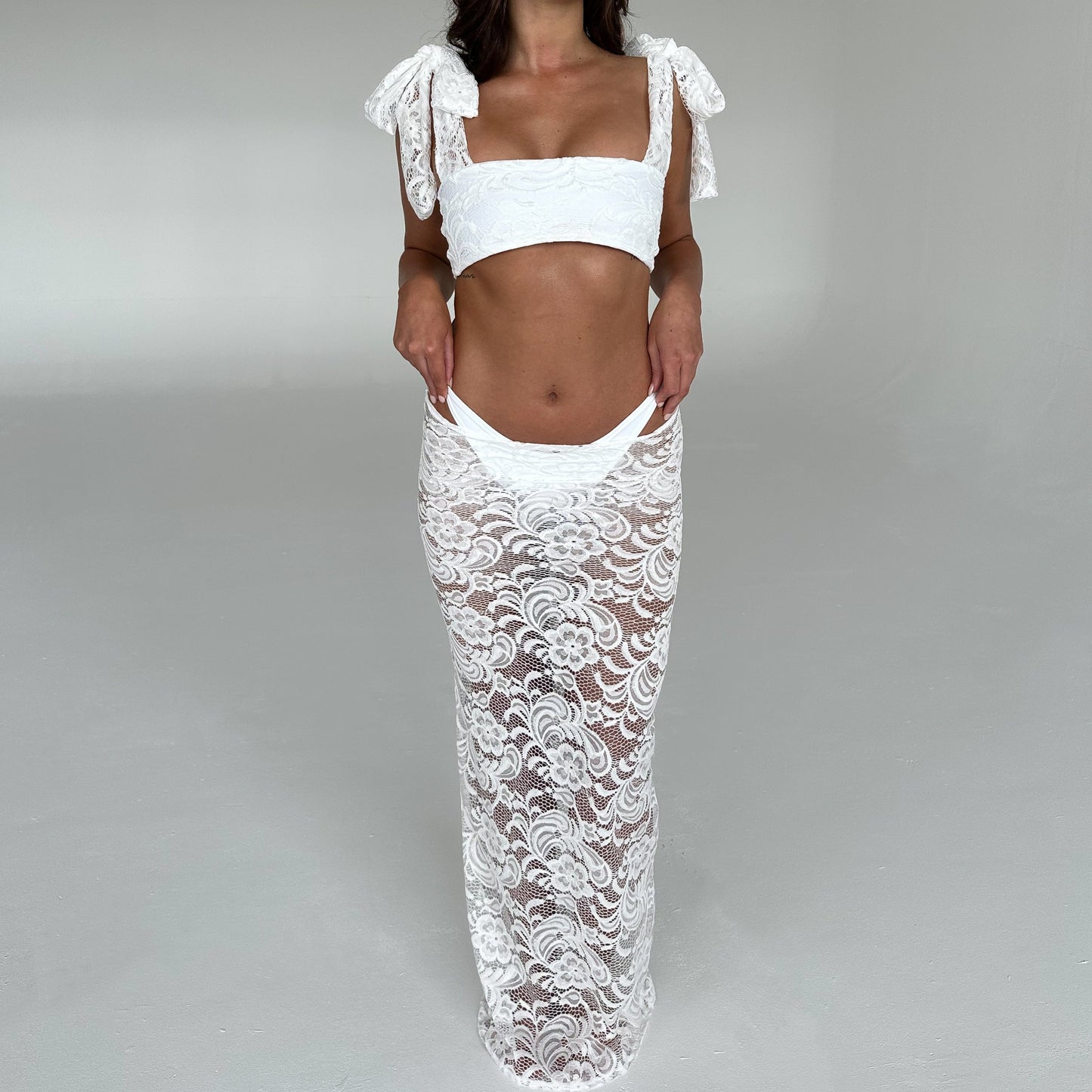 White Lace Extra Thick Tie & Maxi Skirt Three Piece Set