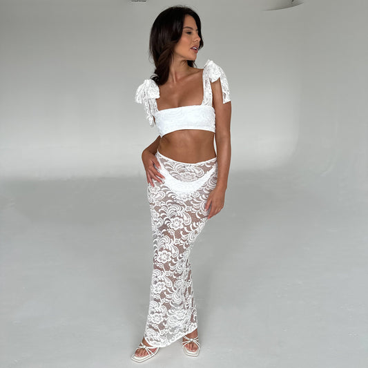 White Lace Extra Thick Tie & Maxi Skirt Three Piece Set