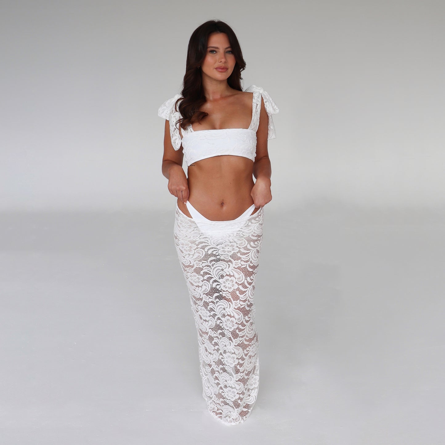 White Lace Extra Thick Tie & Maxi Skirt Three Piece Set